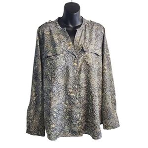 Calvin Klein Women's Multicolor Paisley Print Button Up Shirt Top Blouse Sz L